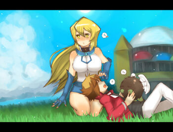 1boy 1girl bad_id bad_pixiv_id blush breasts duel_academy_uniform_(yu-gi-oh!_gx) duel_monster lap_pillow large_breasts letterboxed liht098hue obelisk_blue_uniform osiris_red_uniform pairing school_uniform sleeping tenjouin_asuka winged_kuriboh yellow_eyes yu-gi-oh! yu-gi-oh!_gx yuki_judai