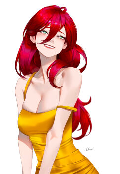 Rule 34 | absurdres, breasts, dress, green eyes, highres, large breasts, long hair, ori dal, original, red hair, sleeveless, smile, white background, yellow dress