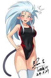 Rule 34 | 1girl, ^^^, big hair, black one-piece swimsuit, blue hair, blush, breasts, competition swimsuit, covered navel, dated, groin, highleg, highleg swimsuit, highres, large breasts, long hair, looking at viewer, nose blush, one-piece swimsuit, open mouth, ryouko (tenchi muyou!), signature, simple background, solo, spiked hair, swimsuit, tail, tenchi muyou!, thighhighs, twitter username, two-tone swimsuit, white background, white thighhighs, yellow eyes, yoo tenchi