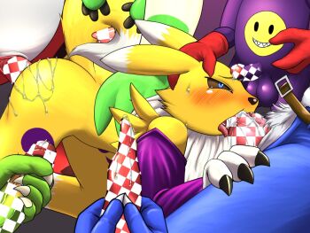 1girl black_sclera colored_sclera digimon digimon_(creature) fid fox_girl fox_tail furry furry_female gangbang group_sex guilmon impmon orgemon renamon tail terriermon v-mon weregarurumon