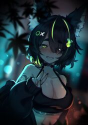 Rule 34 | 1boy, artist name, bare shoulders, black bustier, black collar, black hair, black hoodie, blush, body freckles, breasts, character name, charu (rokushini), collar, crop top, freckles, green eyes, green hair, grin, hair between eyes, hair ornament, hair over one eye, hairclip, highres, hood, hoodie, indie virtual youtuber, large breasts, looking at viewer, mole, mole under mouth, multicolored hair, night, nose blush, off shoulder, open clothes, open hoodie, rileydps, short hair, smile, solo, streaked hair, v, x hair ornament