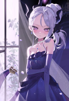 1girl absurdres bare_shoulders blue_archive blush breasts cleavage closed_mouth collarbone commentary_request davo221020 demon_girl demon_horns demon_wings dress earrings elbow_gloves gloves hand_on_own_arm highres hina_(blue_archive) hina_(dress)_(blue_archive) horns indoors jewelry long_hair looking_at_viewer medium_breasts necklace official_alternate_costume official_alternate_hairstyle pink_eyes purple_dress purple_gloves solo strapless strapless_dress white_hair wings