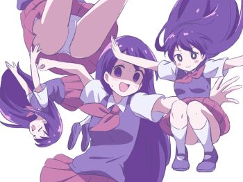 Rule 34 | 1girl, :d, \||/, arched back, backflip, bare arms, blush stickers, breasts, bright pupils, brown skirt, clenched hand, closed eyes, closed mouth, collared shirt, cowboy shot, double-parted bangs, empty eyes, foreshortening, from below, full body, hair behind ear, hair between eyes, highres, kneehighs, light blush, long hair, looking at viewer, mari (headspace) (omori), mari (omori), mary janes, mihimihi31, miniskirt, multiple views, neckerchief, no pupils, no sclera, omori, open mouth, outstretched arms, panties, pantyshot, pleated skirt, purple eyes, purple hair, purple shoes, purple sweater vest, red neckerchief, shirt, shoes, short sleeves, simple background, skirt, small breasts, smile, socks, squatting, standing, straight hair, sweat, sweater vest, tareme, tongue, u u, underwear, v-shaped eyebrows, very long hair, white background, white panties, white pupils, white shirt, white socks