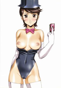 Rule 34 | 1970s (style), 1girl, akitsu michi, boots, bow, bowtie, breasts, brown eyes, brown hair, cameltoe, card, clothes lift, elbow gloves, female focus, ginguiser, glands of montgomery, gloves, hat, hat tip, highres, large breasts, leotard, leotard pull, magician, nipples, nostalgic heroines, oldschool, retro artstyle, short hair, smile, solo, thigh boots, thighhighs, top hat, urushihara satoshi, white gloves