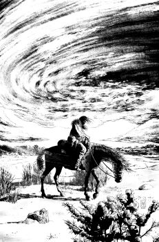 Rule 34 | 1boy, 1other, 2020, abstract background, artist name, cloud, commentary, copyright request, dated, desert, english commentary, greyscale, highres, horse, horseback riding, monochrome, nature, oasis, official art, outdoors, reins, riding, saddle, scenery, signature, sky, valerio giangiordano