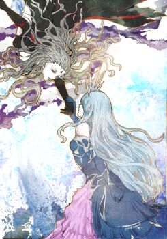 2girls bare_shoulders black_gloves blue_gloves blue_hair breasts cloud_of_darkness commentary copyright_name elbow_gloves english_commentary facial_mark final_fantasy final_fantasy_xiv forehead_mark gloves grey_hair holding_hands long_hair multiple_girls red_eyes ruka_(blueplus84) ryne_waters shiva_(final_fantasy) silver_tiara small_breasts tiara twitter_username