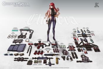 1girl absurdres ammunition ammunition_pouch armor assault_rifle bag ballistic_shield belt blue_eyes body_armor book bottle breasts bullet bulletproof_vest can candy carbine chinese_text clothing_cutout cuffs drink drink_can earmuffs english_text fantasy flashlight food gas_mask gloves glowing glowing_ammunition glowing_bullet glowing_magazine_(weapon) glowing_shotgun_shell glowing_weapon glowstick goggles grappling_hook greaves gun handcuffs handgun handgun_cartridge helmet highres hip_vent holding holding_can holding_drink incendiary_ammunition jewelry key knee_pads knife large_breasts long_hair looking_at_viewer magazine_(weapon) mask multicolored_hair necklace no_bra orange_hair original pistol pistol_cartridge folding_knife potion pottsu pouch red_hair revealing_clothes rifle rope sagging_breasts scabbard scissors scroll scroll_tube shadow sheath shield short-barreled_rifle short_sword shotgun shotgun_shell sideboob sideboob_cutout simple_background smile soda_can sunglasses suppressor sword translated two-tone_hair utility_belt very_long_hair watch weapon white_background window_magazine wristwatch