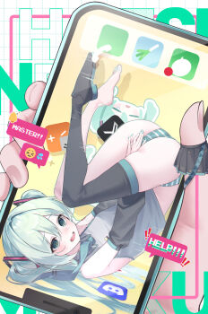 1girl @_@ absurdres aqua_eyes aqua_hair aqua_necktie aqua_panties ass black_sleeves black_thighhighs chibi chu_(ch_u_ing) covering_crotch covering_privates detached_sleeves discord_logo embarrassed emoji english_text frilled_shirt frills full_body grey_shirt hair_intakes hatsune_miku highres long_hair looking_at_viewer necktie no_pants open_mouth panties phone shirt single_thighhigh sleeveless sleeveless_shirt solo_focus striped_clothes striped_panties teeth thighhighs twintails underwear upper_teeth_only upside-down vocaloid white_panties