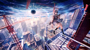 1girl artist_name black_hair black_hole black_serafuku black_shirt black_shoes black_skirt black_socks building chinese_commentary chisa_(wuthering_waves) city commentary_request crane_(machine) floating_clothes floating_hair full_body highres k&amp;p_(kptseart) long_hair long_sleeves miniskirt neckerchief on_railing outdoors pleated_skirt railing red_neckerchief sailor_collar scenery school_uniform serafuku shirt shoes sitting skirt skyscraper socks solo tacet_mark_(wuthering_waves) thigh_strap white_sailor_collar wuthering_waves