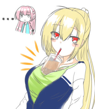 ... 2girls :| absurdres ahoge arihara_nanami arrow_(symbol) blonde_hair blue_jacket blunt_bangs blush_stickers braid breast_envy breasts bubble_tea_challenge casual chibi chibi_inset closed_mouth commentary_request cropped_torso cup diad_snow disposable_cup drinking_straw drinking_straw_in_mouth expressionless eyes_visible_through_hair green_shirt hair_between_eyes hair_ornament highres jacket jitome large_breasts long_hair long_sleeves looking_at_breasts looking_at_viewer mitsukasa_ayase multicolored_jacket multiple_girls notice_lines o_o open_clothes open_jacket pink_hair pom_pom_(clothes) pom_pom_hair_ornament ponytail red_eyes riddle_joker shirt side_braid sidelocks simple_background solo_focus straight_hair two-tone_jacket upper_body very_long_hair white_background white_sleeves