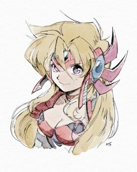 1girl armor blonde_hair breasts cleavage headgear karen_(karenoni1031) long_hair looking_at_viewer marty_(mega_man) medium_breasts mega_man_(series) mega_man_x_(manga) mega_man_x_(series) purple_eyes sketch solo upper_body