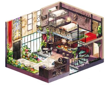 absurdly_detailed_composition alarm_clock axe bad_id bad_pixiv_id banner battle_axe bed bottle bridge bunk_bed cabinet chair chandelier chest_of_drawers clock clothes_hanger couch crystal curtains doorway fish flower flower_pot food goldfish highres interior ironwork isometric ivy jar lamp loaded_interior lobster meat mushroom nishihara_isao no_humans open_window original picture_frame plant plate potted_plant railing rapier room shelf spiral_staircase stained_glass stairs stool stream sword table teron tree_stump vase water weapon window