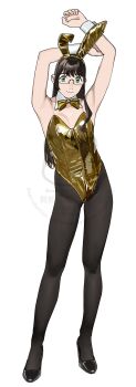1girl absurdres alternate_costume animal_ears arms_up black_footwear black_hair black_pantyhose bow bowtie detached_collar full_body glasses gold_bowtie gold_leotard green_eyes highres kantai_collection leotard long_hair looking_at_viewer ojipon ooyodo_(kancolle) pantyhose playboy_bunny rabbit_ears see-through_strap solo strapless strapless_leotard watermark wrist_cuffs