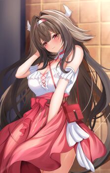 1girl bag blush bow breasts brown_hair collar commentary_request criss-cross_straps detached_sleeves droopy_ears embarrassed fox_girl frilled_collar frilled_sleeves frills hair_ornament hand_up headband highres large_breasts long_skirt official_alternate_costume red_eyes shouhaku0512 shoulder_bag skirt strap ye_shunguang zenless_zone_zero