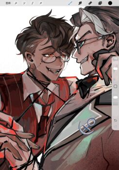 Rule 34 | 2boys, alastor (hazbin hotel), alastor (human) (hazbin hotel), black eyes, black hair, blue suit, brown hair, collared shirt, commentary request, curly hair, dark-skinned male, dark skin, formal clothes, hazbin hotel, hellaverse, heterochromia, looking at another, lopezi62495807, male focus, multicolored hair, multiple boys, red vest, shirt, streaked hair, suit, vest, vox (hazbin hotel), vox (human) (hazbin hotel), white hair, white shirt