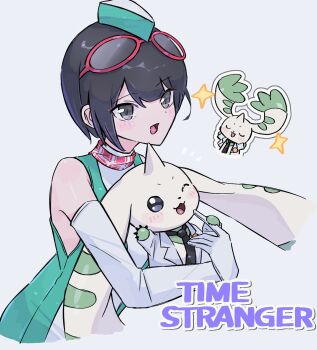 Rule 34 | 1girl, bare shoulders, black eyes, black hair, coat, digimon, digimon (creature), digimon story: time stranger, dress, eyewear on head, green dress, green hat, hat, highres, hug, lab coat, nagoshi, short hair, simple background, terriermon, terriermon joshu, upper body, white background, white coat, white dress, yuuki kanan