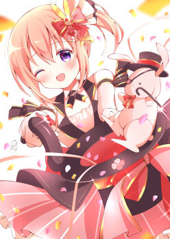 1girl blush brown_hair cane commentary_request dress gochuumon_wa_usagi_desu_ka? hat highres holding holding_cane holding_unworn_clothes holding_unworn_hat hoto_cocoa maple_0126 official_alternate_costume open_mouth purple_eyes side_ponytail stuffed_animal stuffed_rabbit stuffed_toy top_hat unworn_hat unworn_headwear