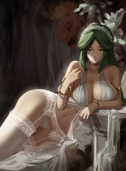 1girl armlet bare_shoulders bracelet breasts cleavage closed_eyes closed_mouth collarbone dress female_focus forehead frilled_hairband frills garter_belt green_hair hairband halterneck highres j@ck jewelry kid_icarus kid_icarus_uprising lace_trim large_breasts lingerie long_hair navel nintendo palutena panties parted_bangs sidelocks solo thighhighs thighs underwear white_dress white_panties white_thighhighs