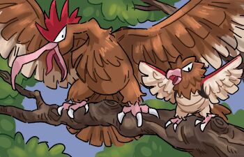 absurdres azidoazide-art beak bird brown_feathers day evolutionary_line fearow feathered_wings feathers gen_1_pokemon highres nintendo no_humans on_branch outdoors pokemon pokemon_(creature) spearow wings