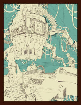 3boys aircraft belt cockpit graph guard_rail indoors lineart machine machinery monochrome multiple_boys open_cockpit open_mouth original pie_chart screen shiye short_hair sign stairs tube warning_sign wire