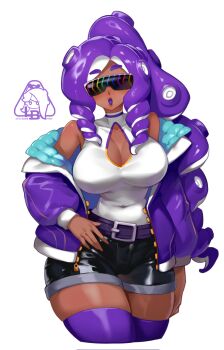1girl absurdres artist_logo artist_name belt black_shorts breasts cleavage cleavage_cutout clothing_cutout dark-skinned_female dark_skin highres indie_virtual_youtuber jacket large_breasts little123blood logo long_hair momma_occo nintendo octoling open_clothes open_jacket open_mouth purple_belt purple_hair purple_jacket purple_thighhighs short_shorts shorts simple_background splatoon_(series) sunglasses tank_top tentacle_hair thighhighs virtual_youtuber white_background white_tank_top