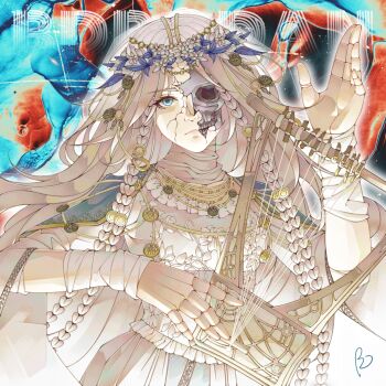 Rule 34 | 1girl, abstract background, blue eyes, braid, commentary, cracked skin, doll joints, dress, elden ring, elden ring nightreign, english commentary, flower wreath, gameplay mechanics, head wreath, holding, holding instrument, holding lyre, instrument, jewelry, joints, looking at viewer, low twin braids, lyre, revenant (elden ring), signature, skull, solo, twin braids, upper body, veil, white dress, white hair, white veil, y1422807535