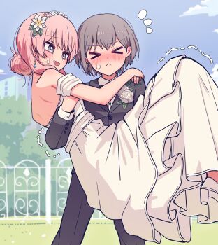 Rule 34 | > <, 2girls, :<, bang dream!, bang dream! it's mygo!!!!!, black bow, black bowtie, blush, bow, bowtie, brown eyes, carrying, chihaya anon, closed eyes, commentary, day, dress, dress shirt, fang, female focus, flower, grey hair, grey jacket, grey pants, grey shoes, highres, jacket, jin (jinkwon1147), long hair, multiple girls, off-shoulder dress, off shoulder, open mouth, outdoors, pants, pink hair, princess carry, rose, shirt, shoes, short hair, short sleeves, sweatdrop, takamatsu tomori, trembling, wedding dress, white dress, white flower, white rose, white shirt, wife and wife, yuri