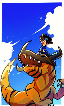 Rule 34 | 1boy, absurdres, blue shirt, blue sky, border, brown hair, closed eyes, cloud, commentary request, digimon, digimon (creature), digimon adventure, digimon day, dinosaur, goggles, goggles on head, greymon, highres, open mouth, pannomimi0301, riding digimon, sharp teeth, shirt, sky, teeth, white border, yagami taichi