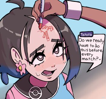 1girl blue_hair bright_pupils brown_eyes brown_hair character_name colored_tips drawing_(action) drawing_on_another's_face earrings english_text eyelashes flower_earrings forehead forehead_writing gen_7_pokemon highres holding holding_marker incineroar jacket jewelry large_forehead marker mocking multicolored_hair nintendo oakblu open_mouth pink_jacket pokemon pokemon_champions portrait solo_focus speech_bubble sweat tatora_(pokemon) white_pupils
