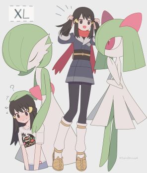 1girl 1other 343rone ? absurdres akari_(pokemon) alpha_pokemon black_hair black_pantyhose black_sash blush closed_eyes closed_mouth commentary_request galaxy_expedition_team_survey_corps_uniform gardevoir gen_3_pokemon grey_eyes headpat highres jacket kirlia long_hair luxury_ball nintendo open_mouth pantyhose pink_eyes poke_ball pokemon pokemon_(creature) pokemon_legends:_arceus print_shirt red_scarf sash scarf shirt shoes short_sleeves sidelocks smile socks sweat twintails white_shirt white_socks