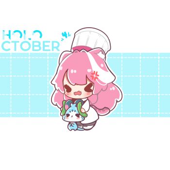 >_< 1girl absurdres animal_ear_fluff blue_background blush chattino_(raora_panthera) chef_hat chibi chibi_only closed_eyes commentary cucumber decrilus english_commentary fangs food full_body grid_background hat highres holding holding_food hololive hololive_english letterboxed long_hair multicolored_hair open_mouth outline outside_border pink_hair raora_panthera skin_fangs solo standing streaked_hair virtual_youtuber white_hat white_outline white_streaks
