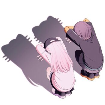 Rule 34 | 1girl, 1other, akiyama mizuki, baseball cap, black hat, black skirt, bokutachi no seizon tousou (project sekai), boots, brown hair, cat shadow puppet (meme), commentary, crossed arms, different shadow, double w, english commentary, facing away, from behind, grey skirt, hair down, hat, highres, meme, mutu (25love), official alternate costume, official alternate hair length, official alternate hairstyle, photo-referenced, pink hair, pink shirt, project sekai, shadow, shadow puppet, shinonome ena, shirt, shorts, skirt, squatting, w