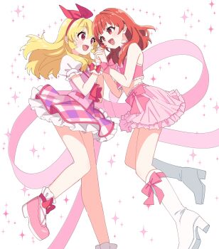 :d absurdres aikatsu! aikatsu!_(series) bare_arms bare_shoulders blonde_hair blush boots bow bow_hairband checkered_clothes checkered_skirt commentary cropped_shirt crossover dot_nose eye_contact floating_hair frilled_skirt frilled_sleeves frills hair_bow hairband harune_aira high_heel_boots high_heels highres holding_hands hoshimiya_ichigo idol idol_clothes long_hair looking_at_another midriff miniskirt open_mouth pink_bow pink_shirt pink_shoes pink_skirt pink_vest pretty_rhythm pretty_rhythm_aurora_dream pretty_series red_bow red_eyes red_hair red_hairband shirt shoes short_sleeves simple_background skirt sleeveless sleeveless_shirt smile sparkle standing standing_on_one_leg sukoyaka_(100hituzi) symbol-only_commentary vest white_background white_boots white_wrist_cuffs wrist_bow wrist_cuffs