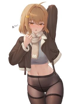 1girl :o absurdres ahoge anis_(nikke) black_pantyhose blush breasts brown_eyes brown_hair brown_jacket goddess_of_victory:_nikke grey_scarf highres jacket large_breasts looking_at_viewer midriff navel panties panties_under_pantyhose pantyhose scarf short_hair simple_background solo underwear white_background xia_0328