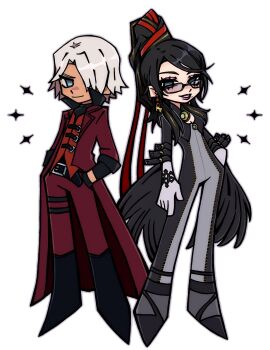 1boy 1girl arm_at_side bayonetta bayonetta_(series) bayonetta_1 belt belt_buckle black-framed_eyewear black_belt black_boots black_hair blue_eyes bodysuit boots buckle closed_mouth coat creator_connection crossover dante_(devil_may_cry) devil_may_cry_(series) devil_may_cry_1 earrings eyeshadow full_body glasses gloves grey_bodysuit hair_over_one_eye hair_ribbon hand_in_pocket hand_on_own_hip high_ponytail highres iluvmyhamster69 jewelry long_hair long_sleeves looking_at_viewer makeup mole mole_under_mouth pants pink_eyeshadow pink_lips ponytail red_coat red_pants red_ribbon red_vest ribbon short_hair simple_background smile standing tan very_long_hair vest white_background white_gloves white_hair