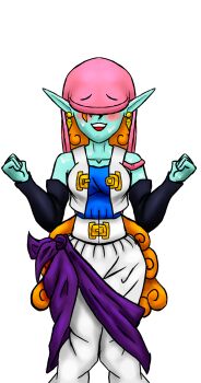 1girl aqua_skin aroused atomic_wedgie bare_shoulders blue_shirt blue_skin blush bra bra_strap bra_visible_through_clothes breasts cleavage colored_skin covered_eyes crossed_legs cum cum_on_body cum_on_hands curly_hair demon_girl dragon_ball dragonball_z ejaculation elf facial female_pervert green_skin heavy_breathing highres legs_together long_hair moaning non-web_source object_on_head open_mouth orange_hair panties panties_on_head pants panty_mask pervert pink_bra pink_panties pointy_ears purple_sash sash self-upload self_wedgie shirt simple_background smile solo standing steam sweat thighs underwear underwear_on_head very_long_hair wedgie white_pants zangya zangyawedgies
