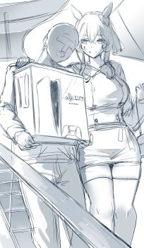 1boy 1girl :d animal_ears bald box boyfriend_with_expensive_gifts_(meme) brand_name_imitation breasts buttons commentary double-breasted english_commentary escalator game_console gentildonna_(umamusume) greyscale hair_rings hand_on_another&#039;s_shoulder hews highres holding holding_box horse_ears horse_girl long_hair long_sleeves looking_at_another meme monochrome open_mouth pencil_skirt photo-referenced playstation_5 sketch skirt smile thighhighs trainer_(umamusume) umamusume unfinished