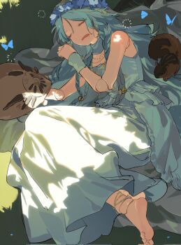1girl anklet bare_shoulders barefoot bug butterfly choker closed_eyes commentary curled_up dappled_sunlight doll_joints dress drooling earrings elden_ring elden_ring_nightreign executor_(elden_ring) feet fetal_position flower_wreath frilled_dress frills grass head_wreath highres insect jewelry joints lying mouth_drool on_side open_mouth revenant_(elden_ring) sleeping sleeveless sleeveless_dress solo_focus square_neckline squirrel stuffed_animal stuffed_toy sunlight veil white_choker white_dress white_veil wp0277