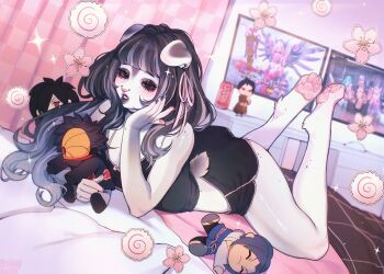 1girl aegyo_sal ahri_(league_of_legends) akali animal_ear_piercing animal_ears animal_nose black_camisole black_choker black_eyeshadow black_hair black_lips black_nails black_sclera black_shorts blanket blunt_bangs blurry blurry_background bow_camisole bridge_piercing camisole can character_doll cherry_blossoms choker colored_sclera colored_skin commentary commission computer_mouse curtains dog_ears dog_girl dog_tail doll dolphin_shorts dr_pepper drink_can english_commentary evelynn_(league_of_legends) eyelashes eyeshadow face_piercing feet_up floating_flowers floating_food floppy_ears flower_sticker food furry furry_female gradient_hair hair_over_shoulder hair_ribbon head_rest highres hugging_doll hugging_object indoors k/da_(league_of_legends) k/da_all_out_ahri k/da_all_out_akali k/da_all_out_evelynn k/da_all_out_kai&#039;sa k/da_all_out_seraphine_superstar kai&#039;sa kamaboko league_of_legends light_blush long_hair looking_at_viewer lying makeup mercy_(overwatch) midriff mole mole_on_arm mole_on_back mole_on_leg monitor multicolored_hair multicolored_skin multiple_moles naruto_(series) narutomaki noisykoala on_bed on_stomach original overwatch parted_lips pawpads piercing pillow pink_ribbon pink_theme pink_trim purple_streaks ribbon seraphine_(league_of_legends) shiny_skin short_tail shorts soda_can solid_eyes sparkle table tail teeth thick_lips two-tone_hair two-tone_skin uchiha_madara uchiha_obito uchiha_sasuke uchiha_shisui wavy_ends white_skin
