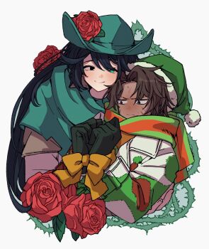 2boys aqua_cape aqua_eyes aqua_hat black_eyes black_hair blush bound bound_wrists bow cape commentary e.g.o_(project_moon) flower green_scarf hat hat_flower heathcliff_(project_moon) highres holiday_(e.g.o) hong_lu_(project_moon) lasso_(e.g.o) limbus_company looking_to_the_side multiple_boys nantekottawo!! patchwork_clothes project_moon red_flower red_rose rose scarf simple_background striped_clothes striped_scarf sweat symbol-only_commentary thorns white_background yaoi yellow_bow