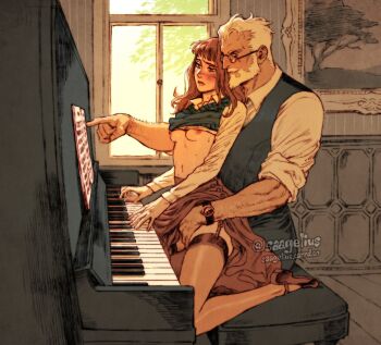1boy 1girl age_difference bear black-framed_eyewear blush breasts brown_hair brown_skirt chloe_(saagelius) clothes_lift collared_shirt garter_straps girl_on_top glasses grey_sweater_vest grey_thighhighs grey_vest grin hetero indoors instrument jean_(saagelius) long_hair long_sleeves music navel nipples open_mouth original piano playing_instrument playing_piano pointing saagelius shirt shirt_lift short_hair sitting sitting_on_lap sitting_on_person sketch skirt skirt_lift sleeves_rolled_up small_breasts smile straight_hair sweatdrop sweater_vest sweater_vest_lift thighhighs twitter_username upright_piano vest watermark white_hair white_shirt wing_collar