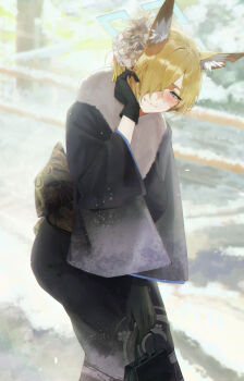 1girl alternate_costume animal_ear_fluff animal_ears bag black_gloves black_kimono blonde_hair blue_archive blue_eyes blue_halo blurry blurry_background blush breasts closed_mouth dog_ears dog_girl extra_ears fang fang_out feet_out_of_frame flower fur-trimmed_kimono fur_trim gloves hair_flower hair_ornament hair_over_one_eye halo handbag highres holding holding_bag japanese_clothes kanna_(blue_archive) kimono large_breasts leaning_forward looking_at_viewer new_year notched_ear print_kimono snow solo su-102 updo white_flower