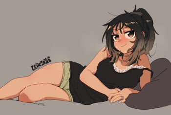 bite_mark bite_mark_on_thigh blush camisole ergot grey_background grey_nails high_ponytail jewelry light_smile looking_at_viewer lying medium_hair messy_hair on_side original pillow ponytail ring shorts signature simple_background smile smug strap tank_top thighs tina_(ergot) unkempt wedding_ring