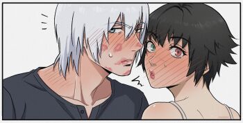 Rule 34 | 1boy, 1girl, black shirt, blue eyes, blush, dante (devil may cry), devil may cry (series), green eyes, grey background, heterochromia, highres, jumpoon, lady (devil may cry), lipstick mark, lipstick mark on face, looking at viewer, red eyes, scar, scar on face, scar on nose, shirt, simple background