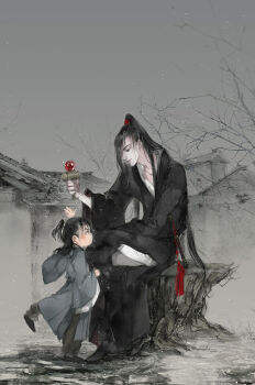 2boys aged_down architecture bare_tree black_boots black_eyes black_hair black_hanfu boots child chinese_clothes crossed_legs dizi east_asian_architecture faux_traditional_media flute flute_tassel grey_hanfu grey_sky hand_up hanfu high_ponytail holding holding_toy hood ink_wash_painting instrument kcllzas163 lan_sizhui lan_sizhui_(young) light_particles long_hair long_sleeves looking_at_another male_focus modao_zushi multiple_boys on_tree_stump outdoors pants parted_lips ponytail robe sitting sky smile standing tassel third-party_source toy transverse_flute tree tree_stump wei_wuxian white_pants wide_sleeves