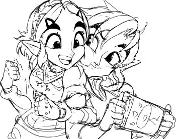 1boy 1girl braid cheek-to-cheek fingerless_gloves gloves hair_ornament hairbraid hairclip heads_together highres link locked_arms nintendo pointy_ears sheikah_slate short_hair sketch teevo the_legend_of_zelda the_legend_of_zelda:_tears_of_the_kingdom
