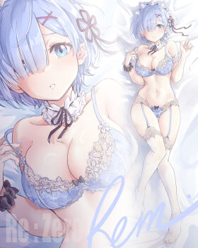 1girl absurdres armband armpit_crease black_scrunchie blue_bra blue_eyes blue_hair blue_nails blue_panties bow bow_bra bow_panties bra breasts cleavage collarbone detached_collar dutch_angle frills full_body garter_straps gluteal_fold groin hair_ornament hair_over_one_eye hair_ribbon hands_up highres hip_bones kirin_13 knees_together_feet_apart lace lace-trimmed_bra lace-trimmed_thighhighs lace_trim large_breasts lingerie looking_at_viewer lying maid_headdress midriff multiple_views nail_polish narrow_waist navel on_back panties parted_lips re:zero_kara_hajimeru_isekai_seikatsu rem_(re:zero) ribbon scrunchie short_hair slight_blush solo stomach strap_slip tareme thighhighs thighs underwear underwear_only white_thighhighs wide_hips wrist_scrunchie x_hair_ornament