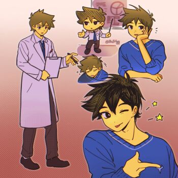 1boy alternate_costume black_eyes blue_necktie blue_sweater breast_pocket bright_pupils brown_hair brown_pants brown_shoes bu3hgg chart chibi closed_eyes collared_shirt dark-skinned_male dark_skin hand_on_own_cheek hand_on_own_face hero_(faraway)_(omori) hero_(omori) highres holding holding_pen holding_pointer lab_coat long_sleeves looking_at_viewer necktie object_in_pocket omori one_eye_closed pants parted_lips pen pen_in_pocket pocket pointer shirt shoes short_hair smile solo sweater tongue tongue_out twitter_username white_pupils white_shirt