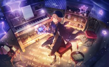 1boy black_hat black_jacket black_pants black_shoes blonde_hair book bow chair closed_mouth colorful_palette english_text from_above full_body game_cg glowing gradient_bow gradient_hair grey_shirt hat highres instrument jacket long_sleeves looking_at_viewer mabayui_hikari_no_stage_de_(project_sekai) male_focus multicolored_hair official_art open_book orange_eyes orange_hair pants piano picture_frame project_sekai purple_bow sheet_music shelf shirt shoes sleeves_past_wrists smile solo star_(symbol) table tenma_tsukasa third-party_source