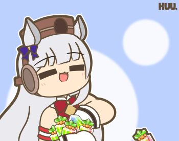 1girl animal_ears animated animated_gif artist_name bow closed_eyes commentary ear_covers english_commentary gloves gold_ship_(umamusume) grey_hair hat highres horse_ears horse_girl horse_tail kuhl-notes long_hair open_mouth pillbox_hat purple_bow smile solo tail throwing umamusume upper_body white_gloves